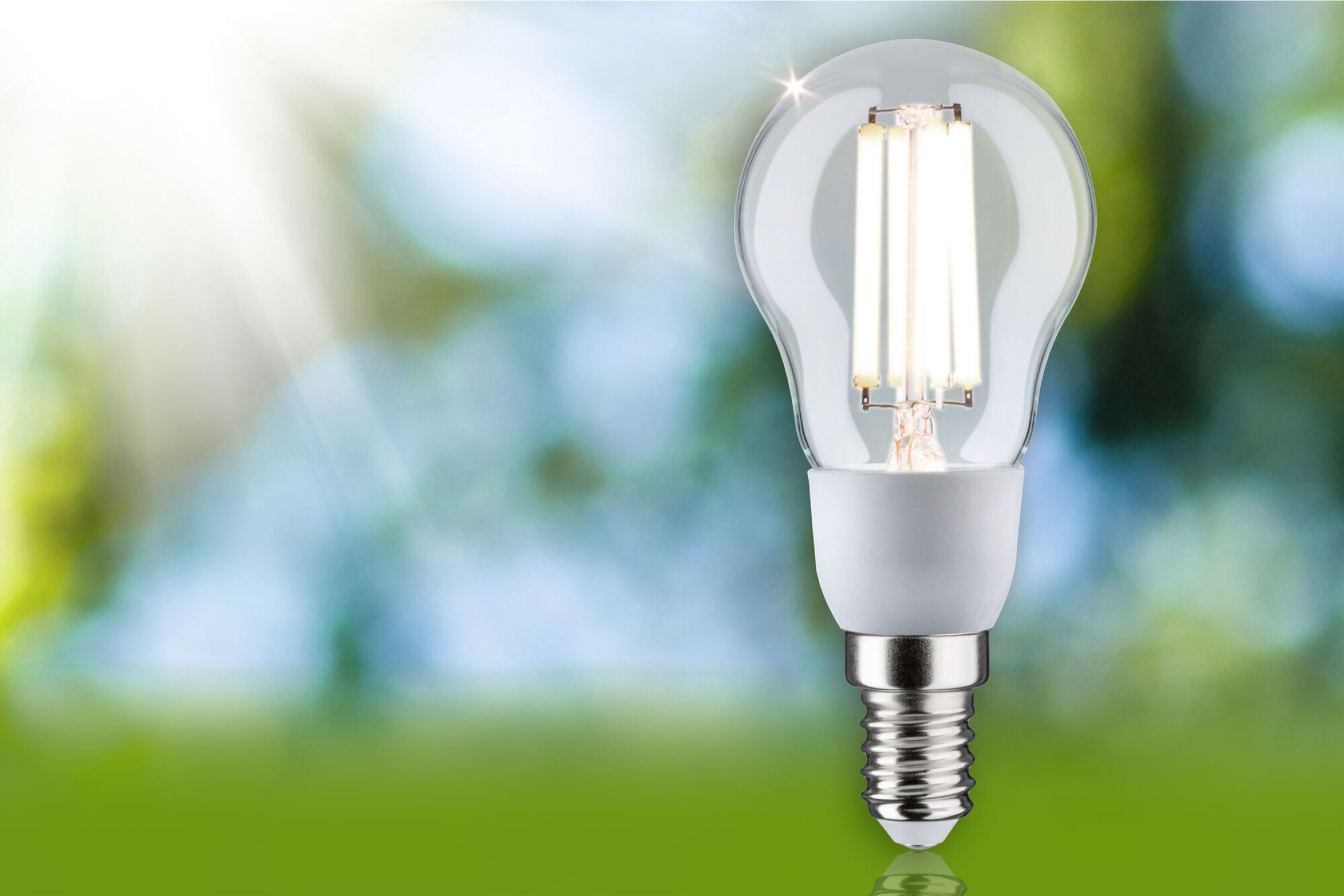 Weiß-transparente LED-Glühbirne auf verschwommenem Hintergrund.