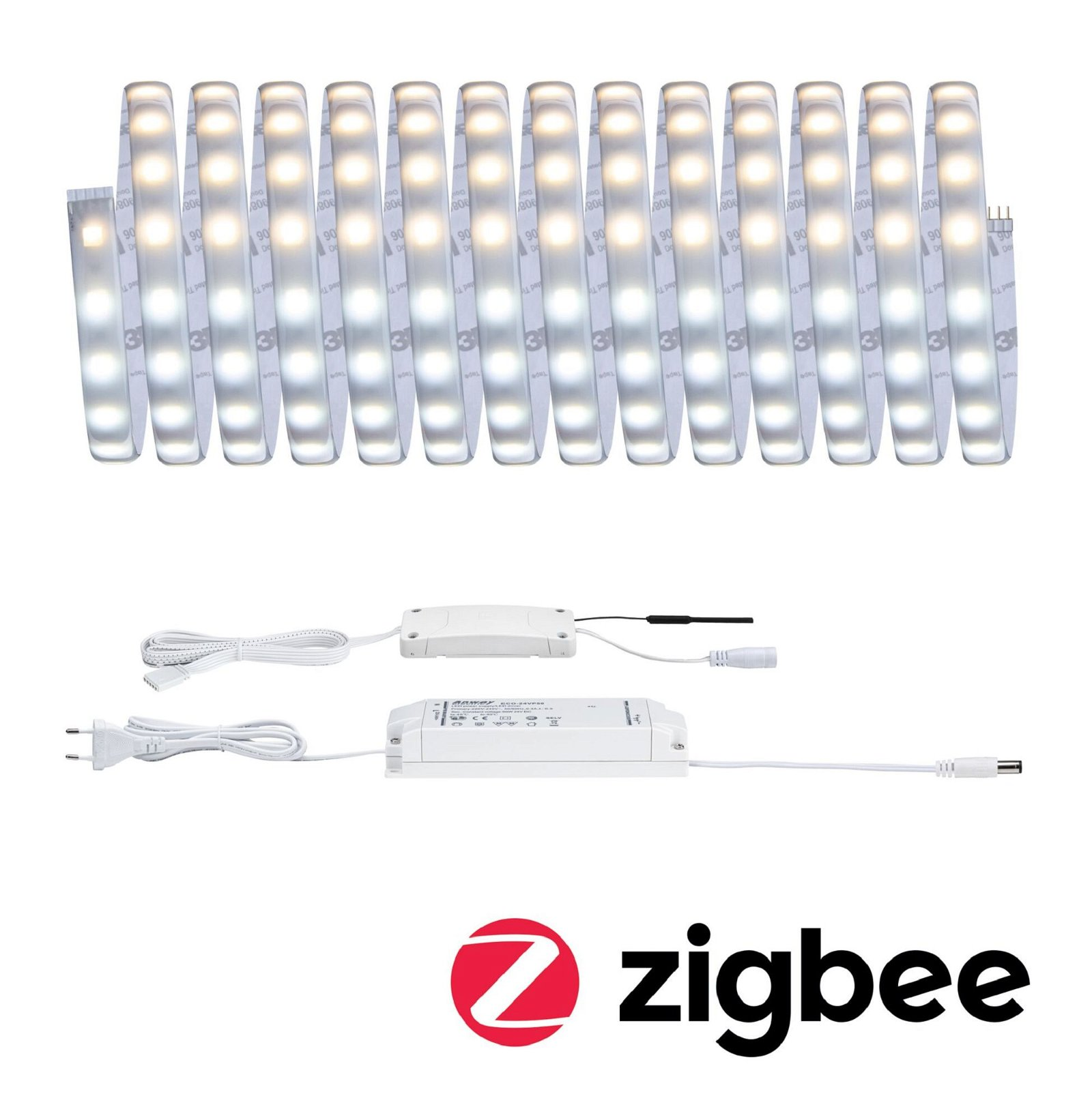 Paski świetlne LED z zasilaczami i logo Zigbee. Diody LED są białe i ułożone w rzędzie.