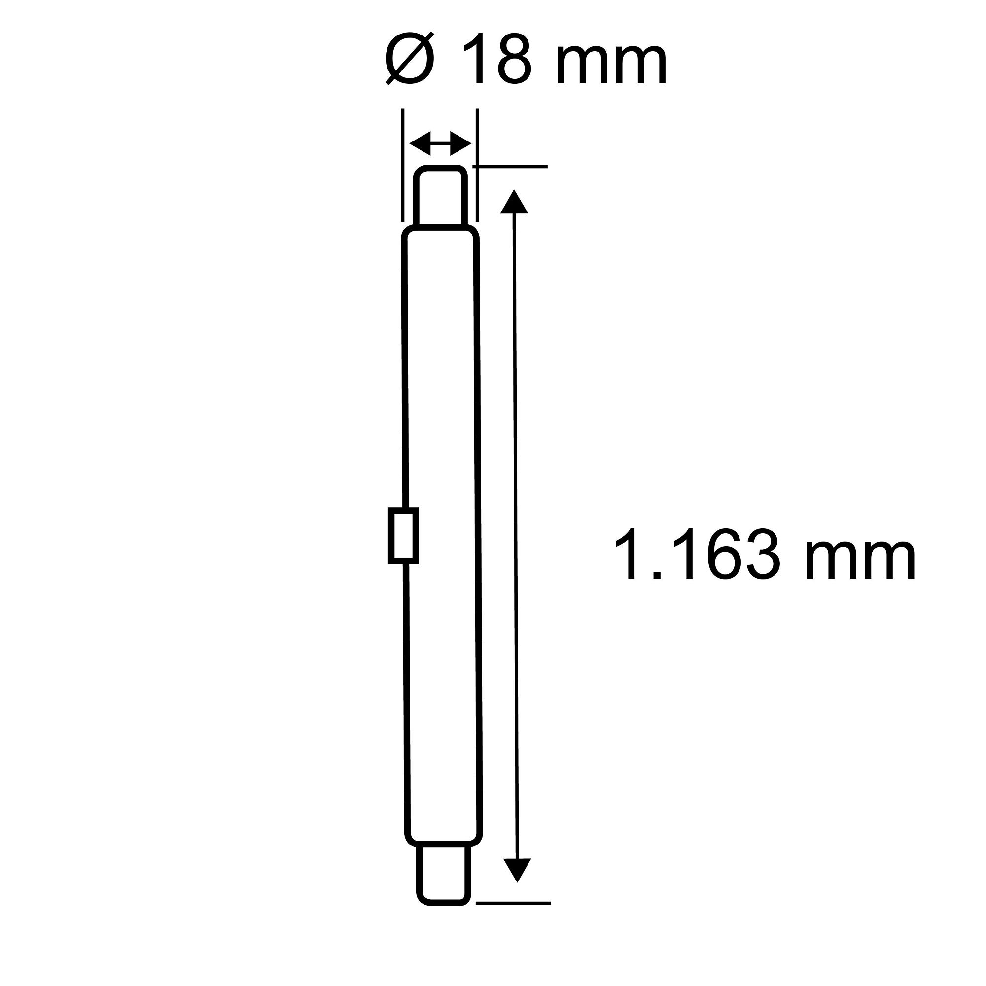Diagram długiego, wąskiego prostokątnego obiektu. Wymiary: 18 mm szerokości, 1,163 mm długości.