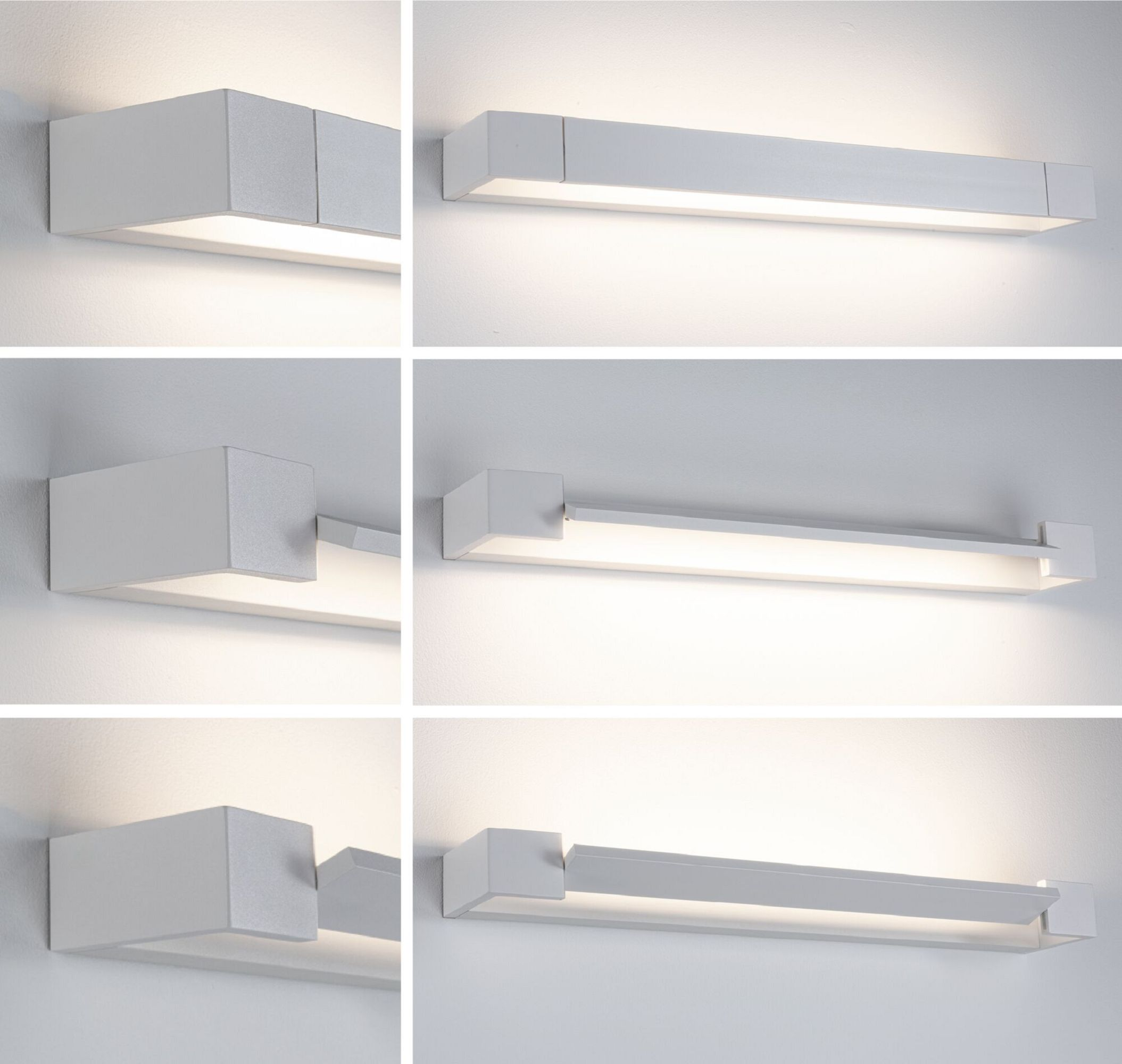 Wiele widoków białych prostokątnych świateł LED, zamontowanych na białej ścianie, emitujących światło.