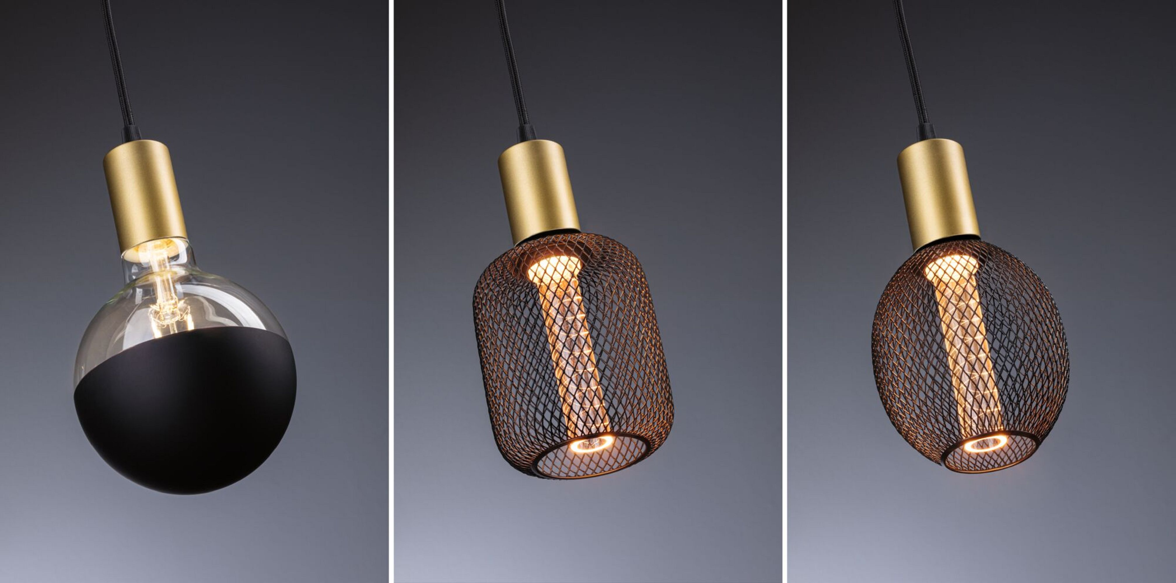 Trzy lampy wiszące. Każda ma inny design żarówki: kula, siatka i otwarta klatka.