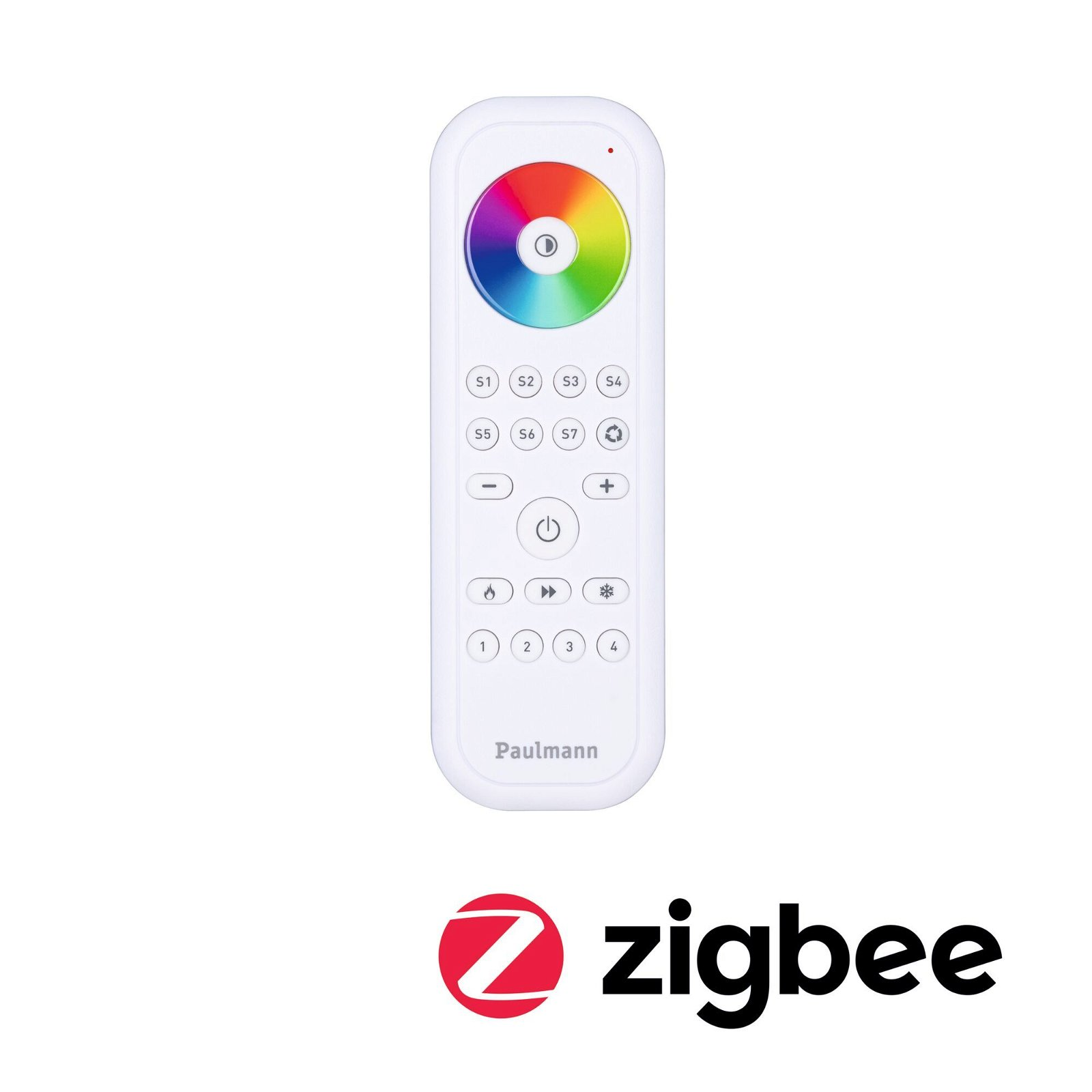 Biały pilot z kołem kolorów i przyciskami. Logo Zigbee.