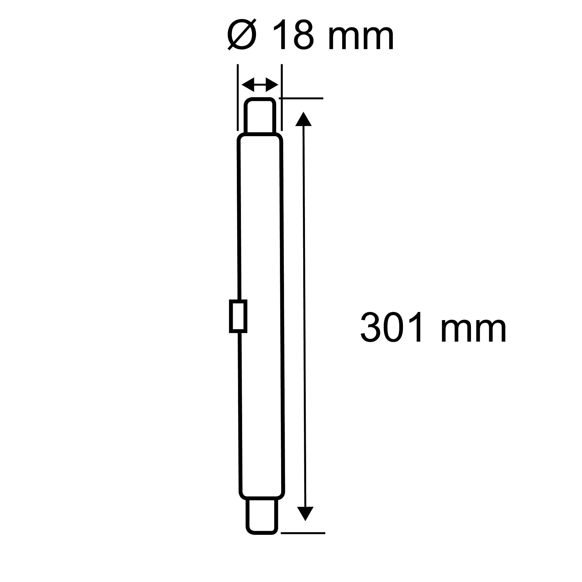 Ein Diagramm zeigt ein langes, dünnes, zylindrisches Objekt mit Abmessungen in Millimetern.