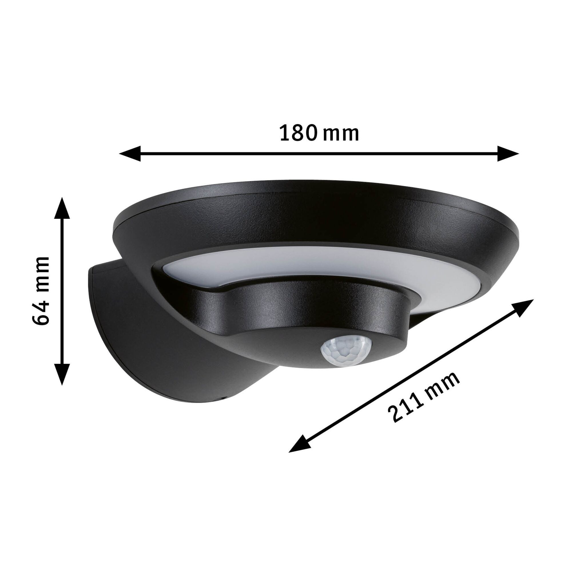 Czarna lampa ścienna zewnętrzna z wymiarami: 180 mm, 64 mm i 211 mm.