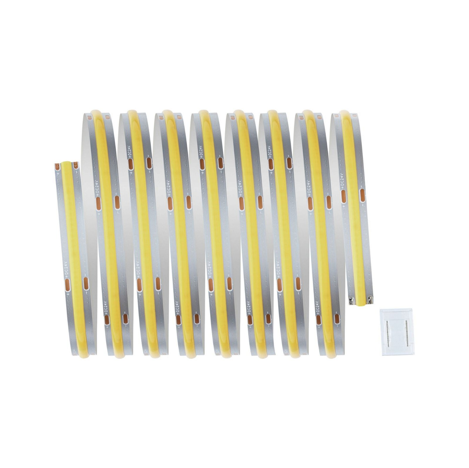 LED-Streifen auf einer Rolle, gelbes Leuchten. Weißer Hintergrund, mit kleinem Stecker.