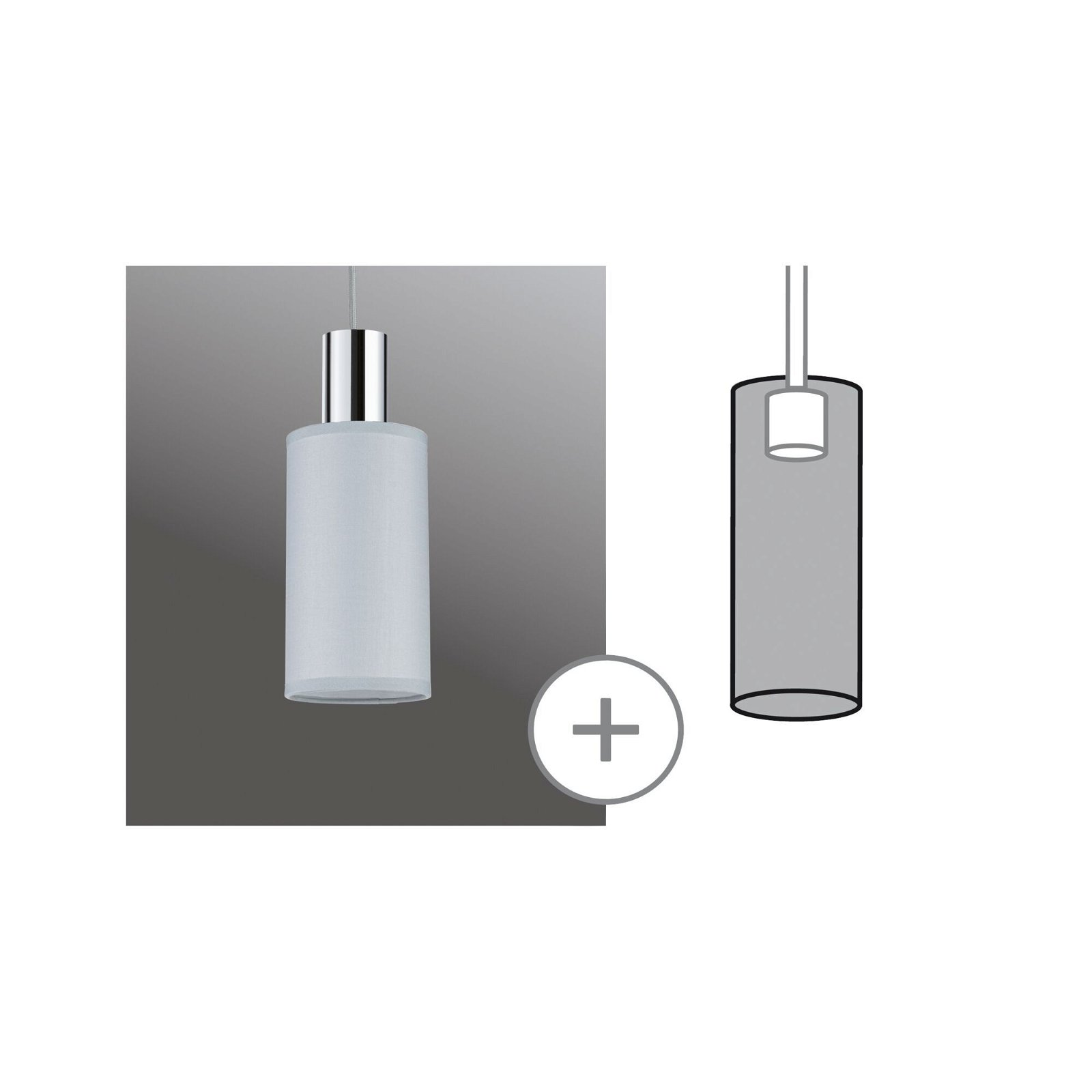 Weiß-silberne Pendelleuchte mit zylindrischem Lampenschirm, plus eine Skizze ihrer Form.