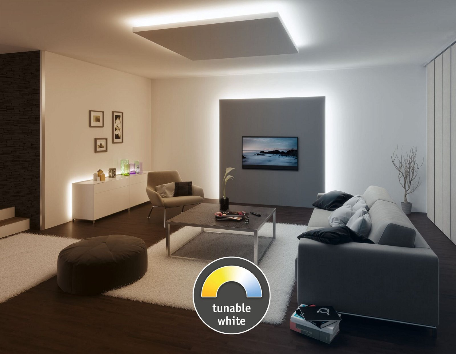 Ein modernes Wohnzimmer mit Sofa, Couchtisch und weißer Beleuchtung. Ein Farbrad für abstimmbares Weiß wird gezeigt.