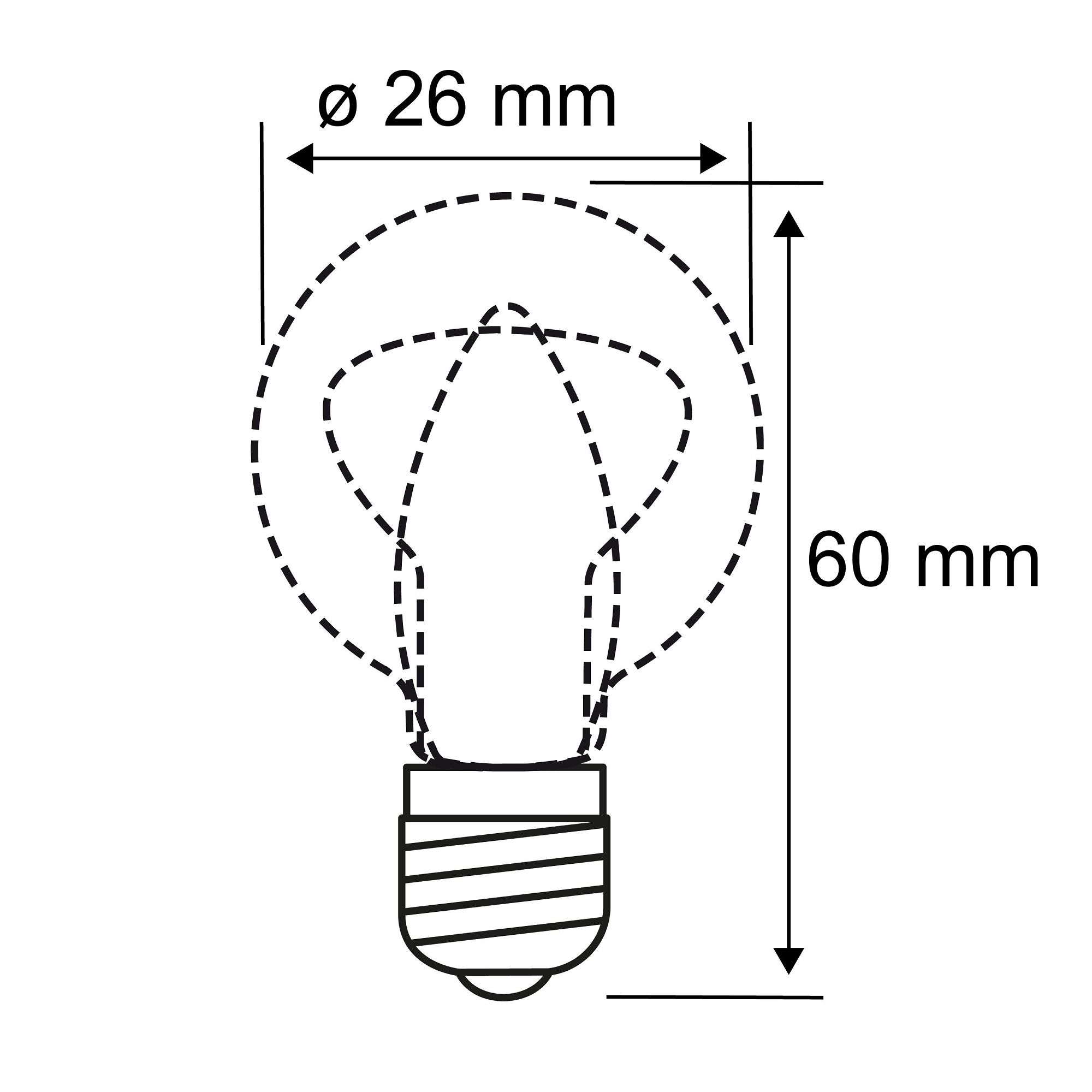 Diagramm einer Glühbirne mit Abmessungen in mm, das Größe und Form der Birne zeigt.