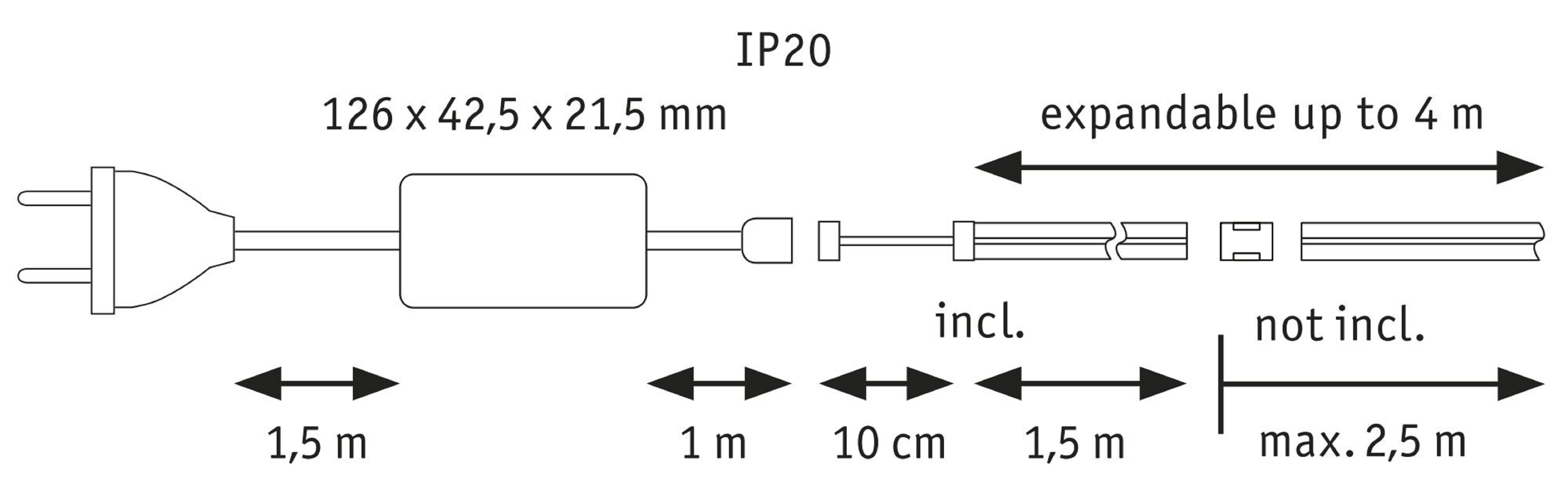 Schemat przewodu zasilającego. Podano wymiary. Tekst zawiera IP20 i możliwość rozbudowy do 4m.