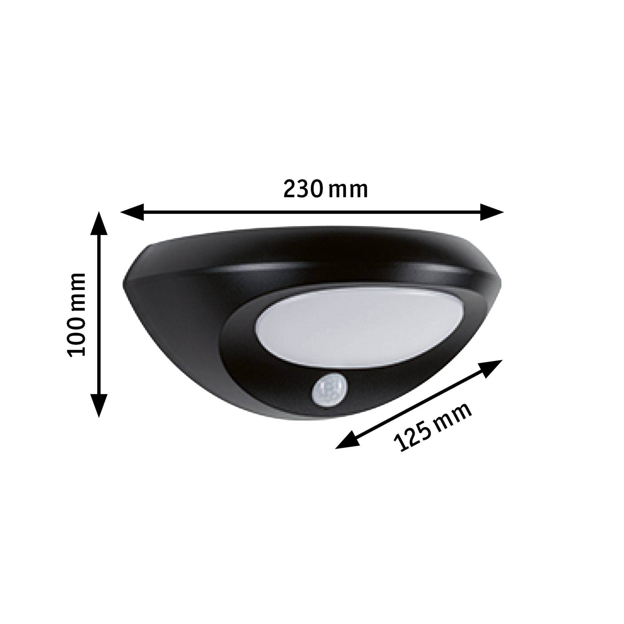 Czarna lampa ścienna zewnętrzna z białym panelem świetlnym i czujnikiem ruchu.