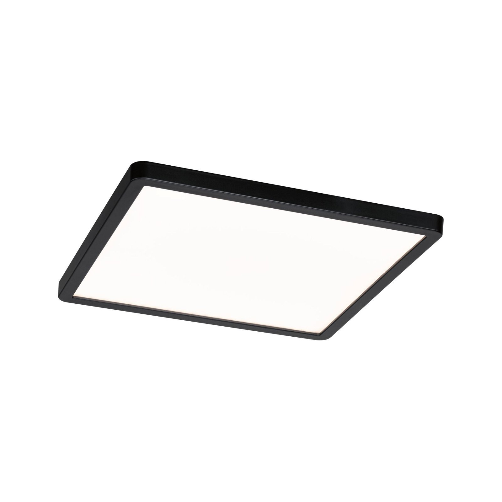 Una luz de techo LED negra rectangular. La luz está encendida y emite una luz blanca brillante.