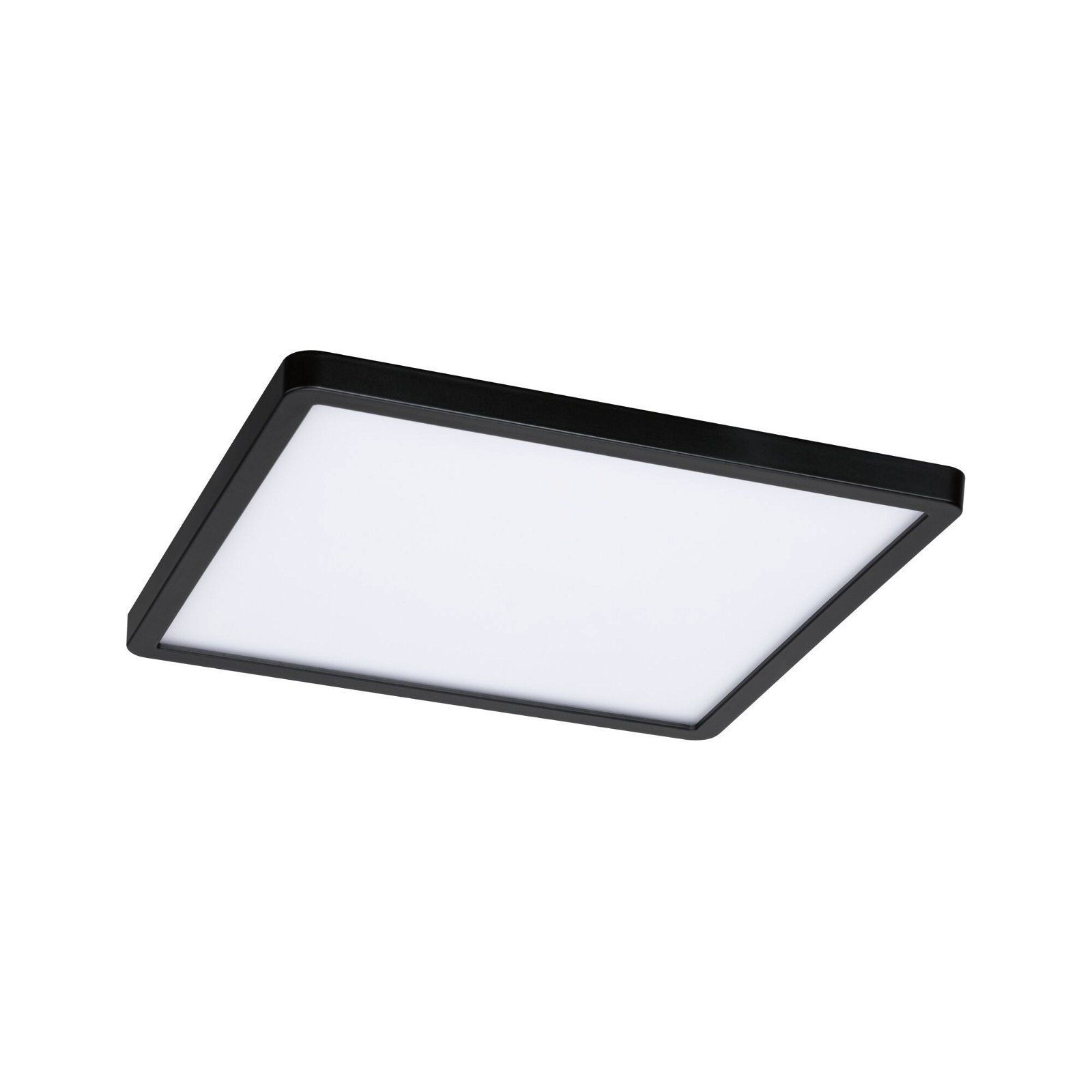 Un accesorio de luz de techo empotrado, cuadrado y negro, con un panel de luz blanco.