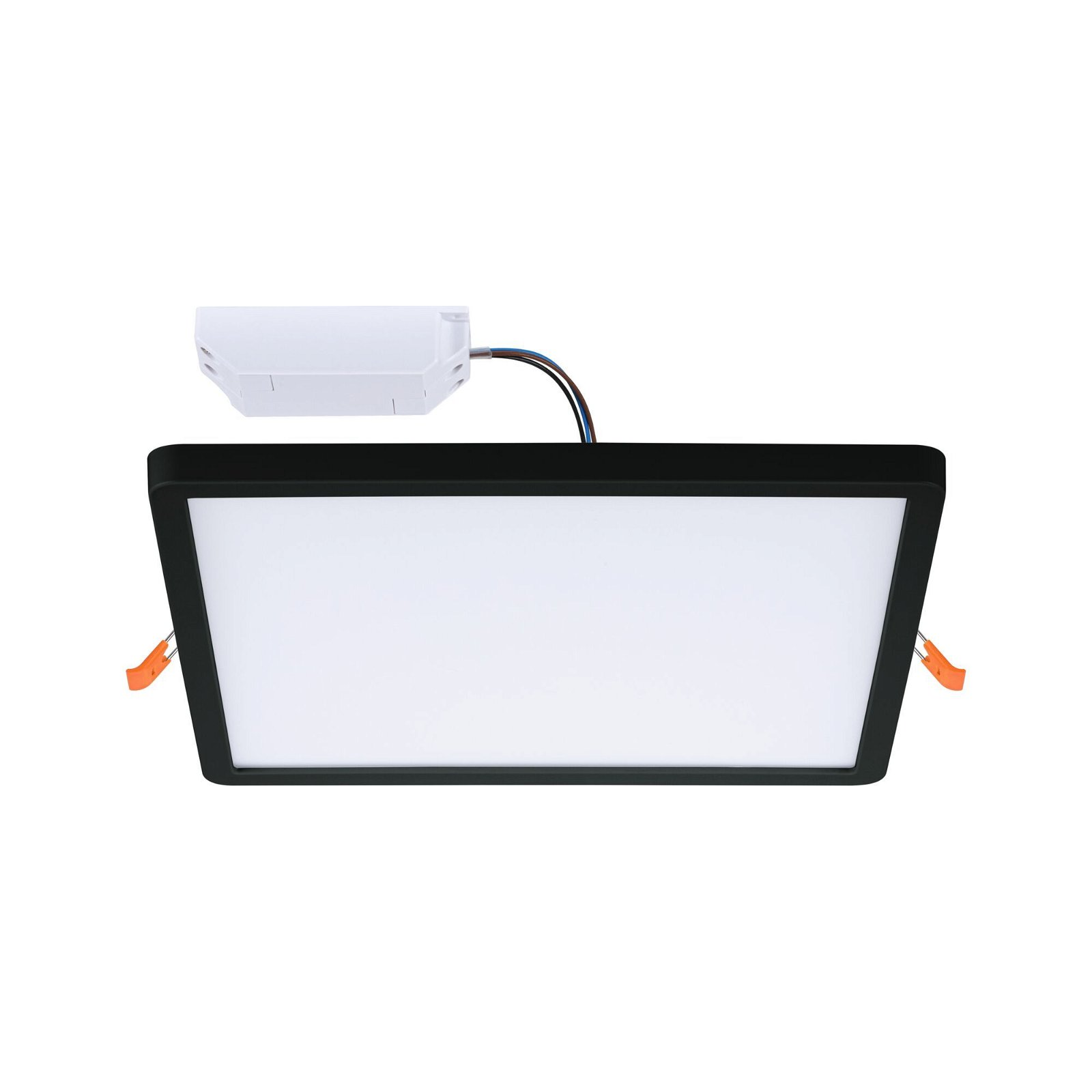 Panel de luz LED negro rectangular, con una superficie emisora de luz blanca. Clips naranjas, fondo blanco.