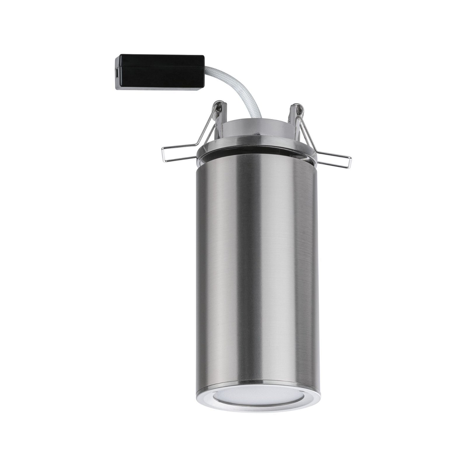 Srebrny, cylindryczny reflektor z czarnym złączem na białym tle.