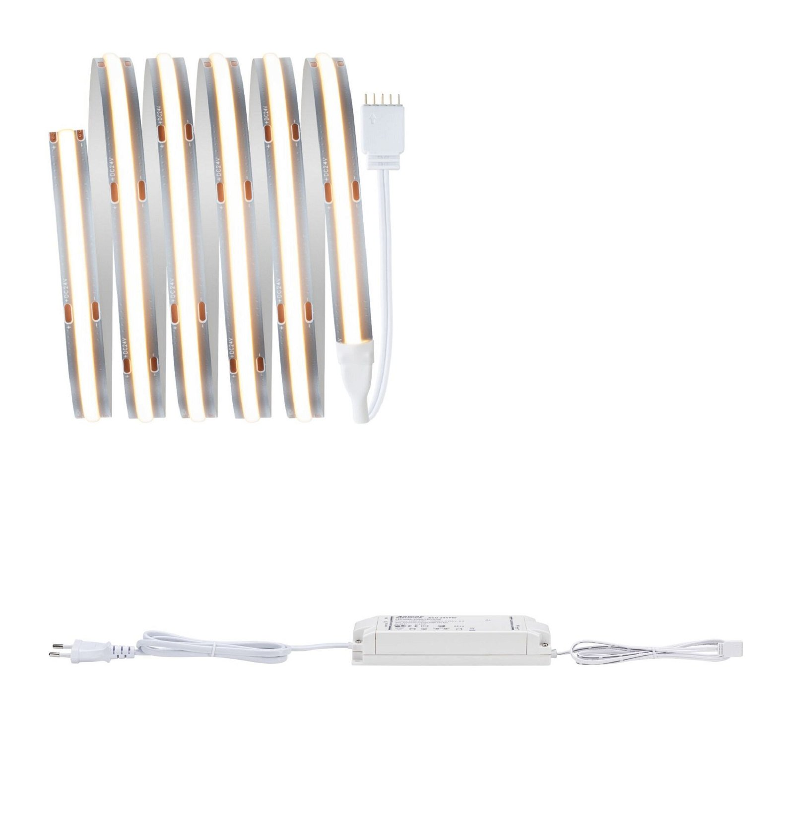 Biała lampa wisząca z chromowanym wierzchem i białym, cylindrycznym kloszem.