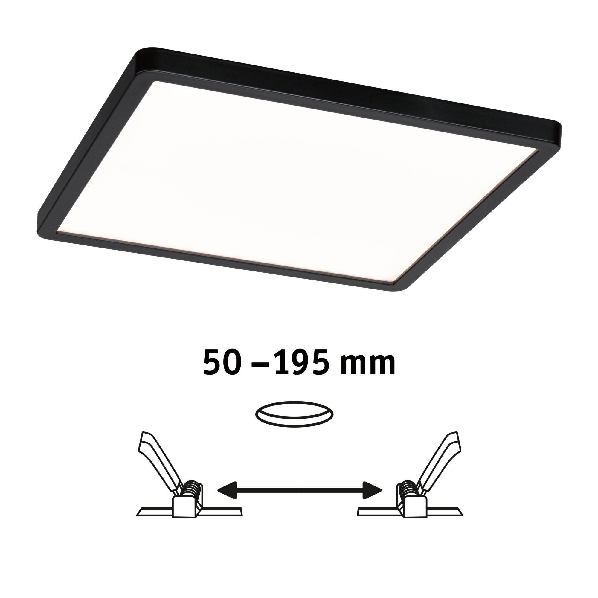 Lámpara de techo cuadrada negra con luz blanca, con medidas y detalles de montaje.