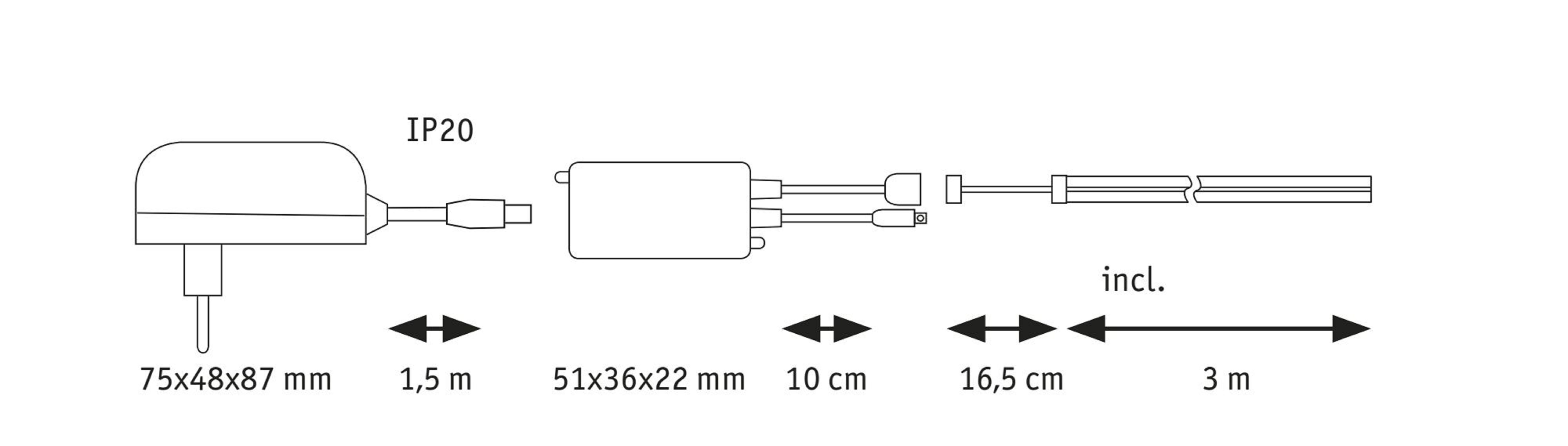Schemat komponentów elektrycznych. Komponenty z wymiarami, w tym wtyczka, transformator i kabel.