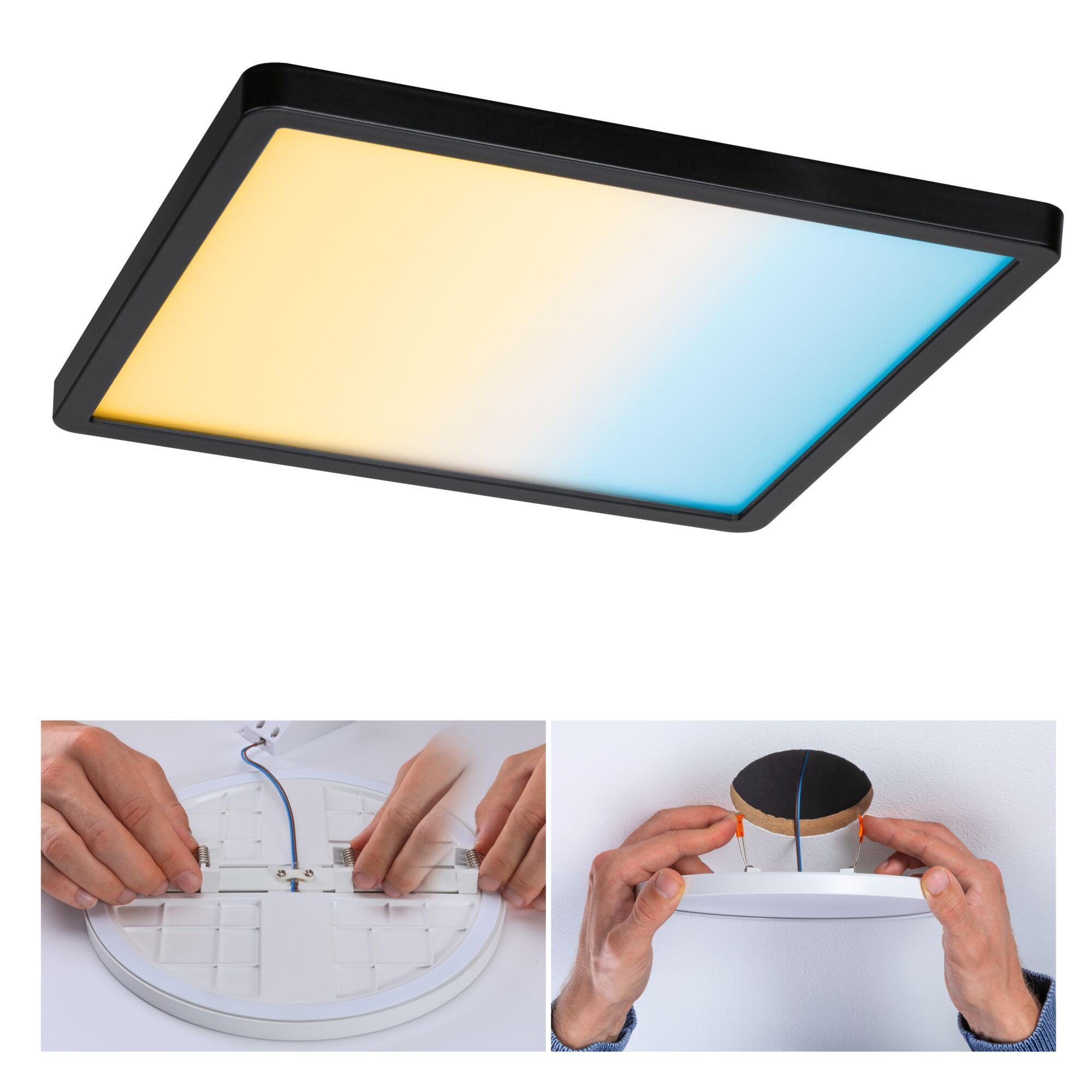 Luz de techo cuadrada con marco negro, manos instalándola.