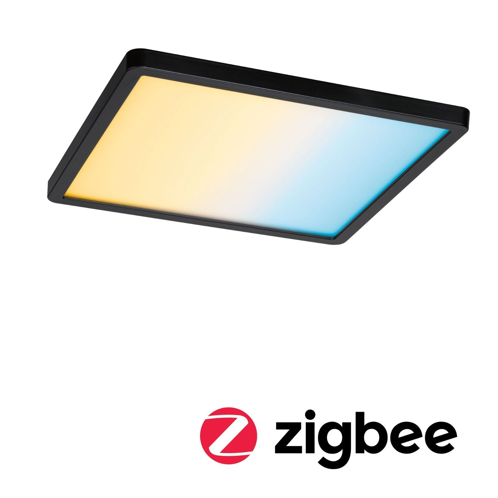 Lámpara de techo cuadrada con gradiente de color, de amarillo a azul, con el logo zigbee.