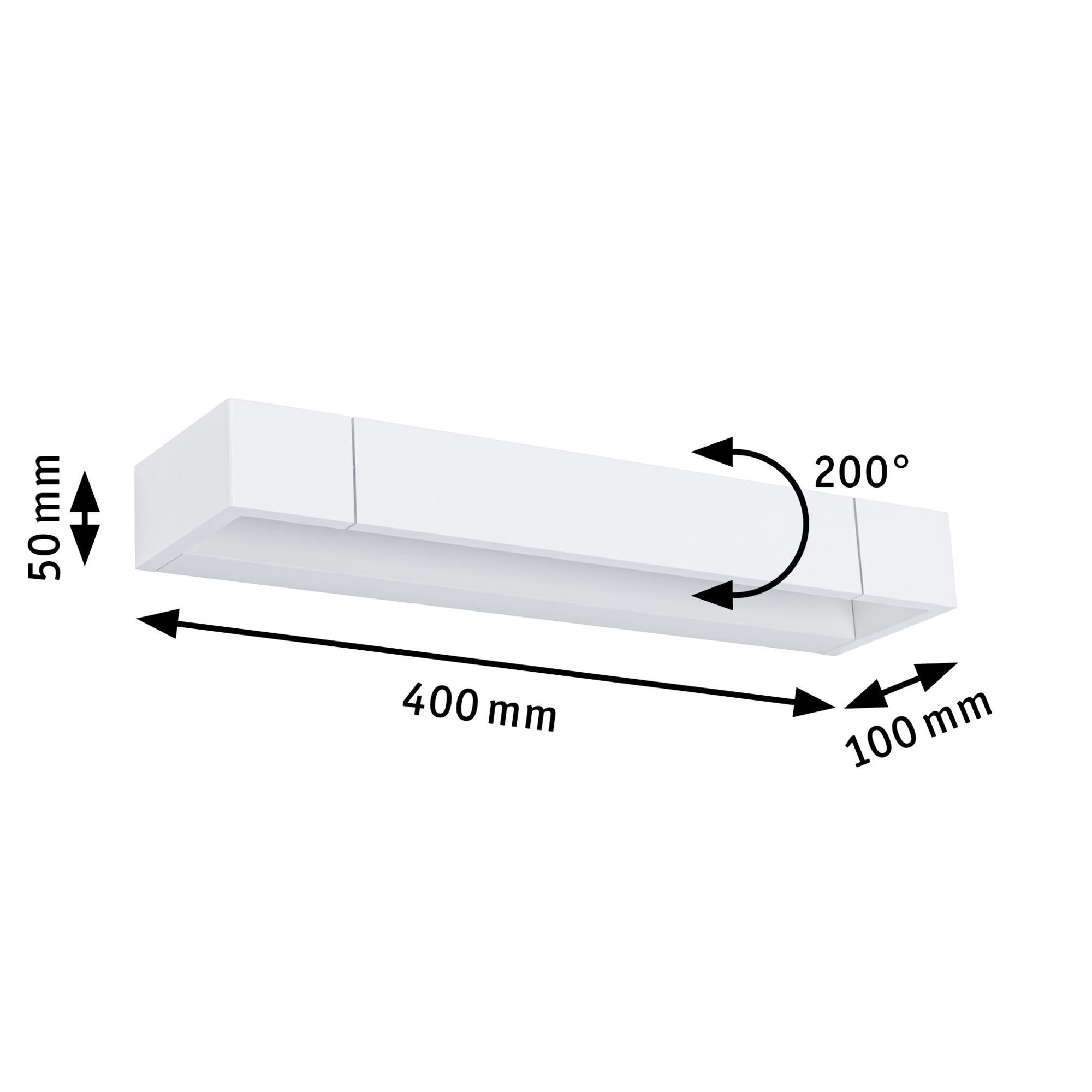 Biała prostokątna oprawa oznaczona wymiarami. Strzałka wskazuje obrót o 200 stopni.