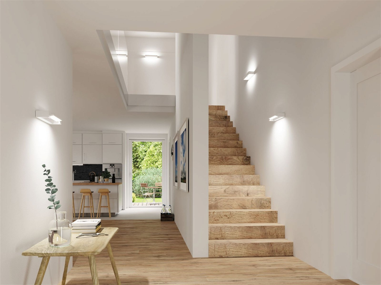 Nowoczesne wnętrze z drewnianymi schodami, białymi ścianami i oświetleniem wpuszczanym. Drewniany stół jest na pierwszym planie.