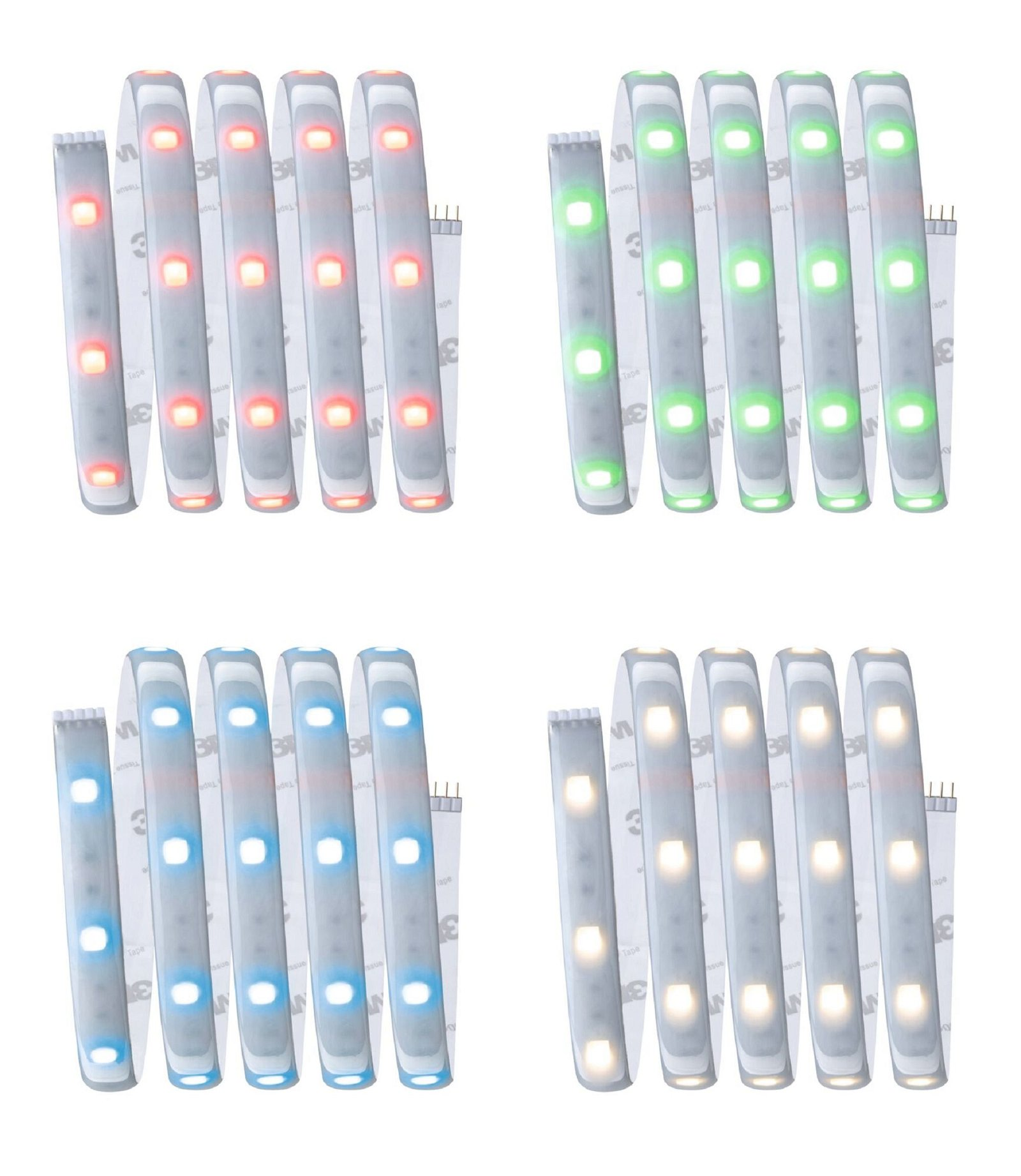 Cztery paski świateł LED w różnych kolorach: czerwonym, zielonym, niebieskim i białym, na białym tle.