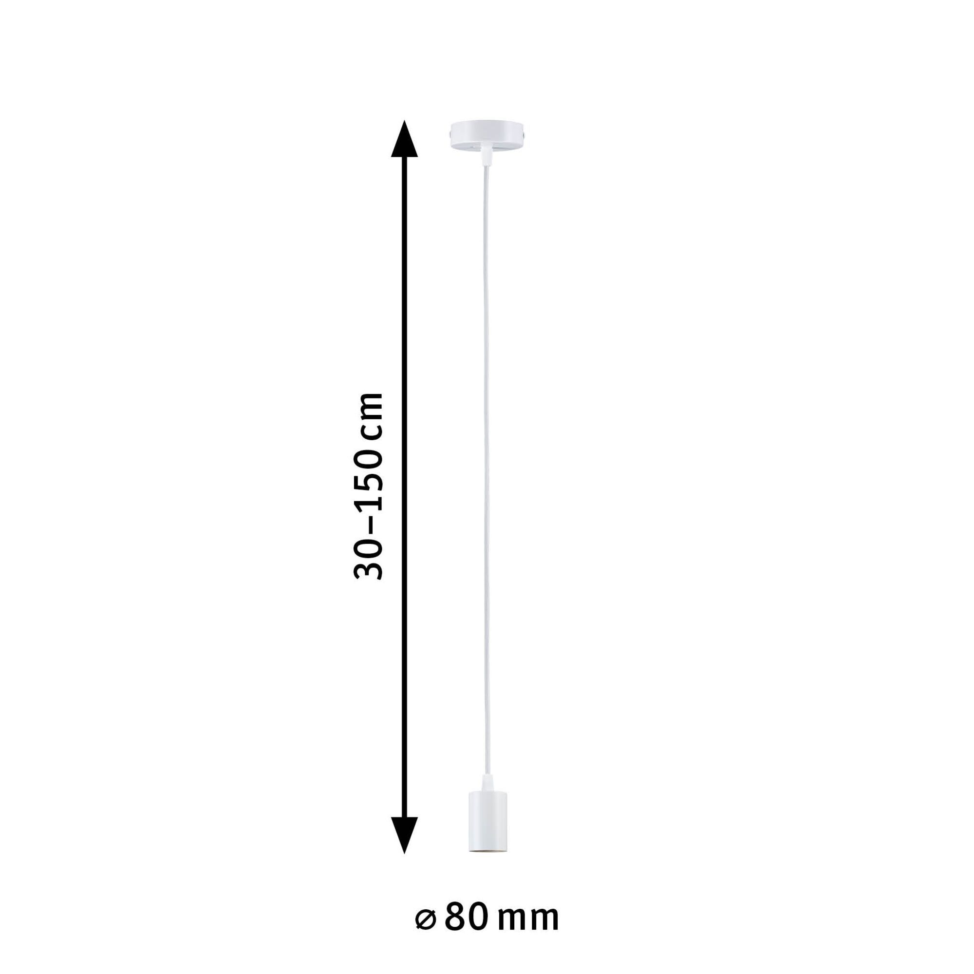 Biała lampa wisząca z kablem, wymiary opisane z boku.