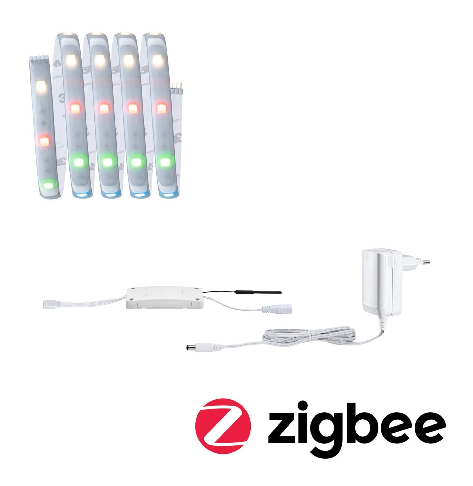 Pięć pasków LED z skrzynką kontrolną, zasilaczem i logo Zigbee.