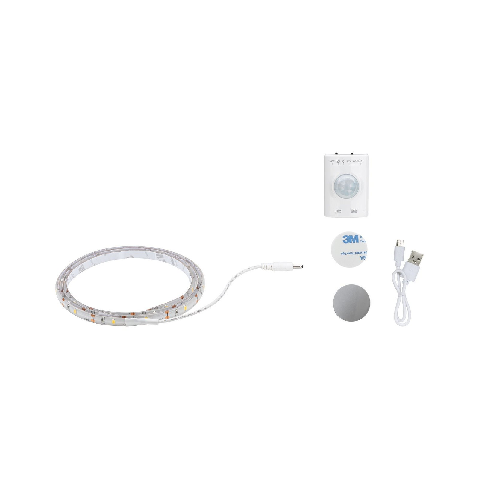 Listwa LED, czujnik ruchu, taśma 3M i ładowarka USB na białym tle.
