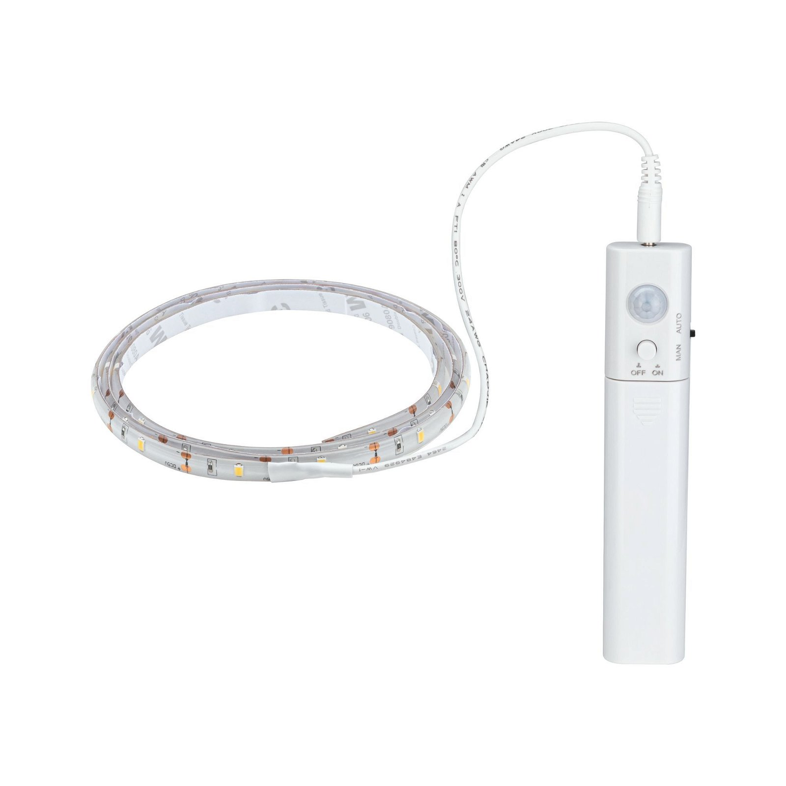 Striscia luminosa a LED con unità di controllo, arrotolata e collegata a un controller bianco.