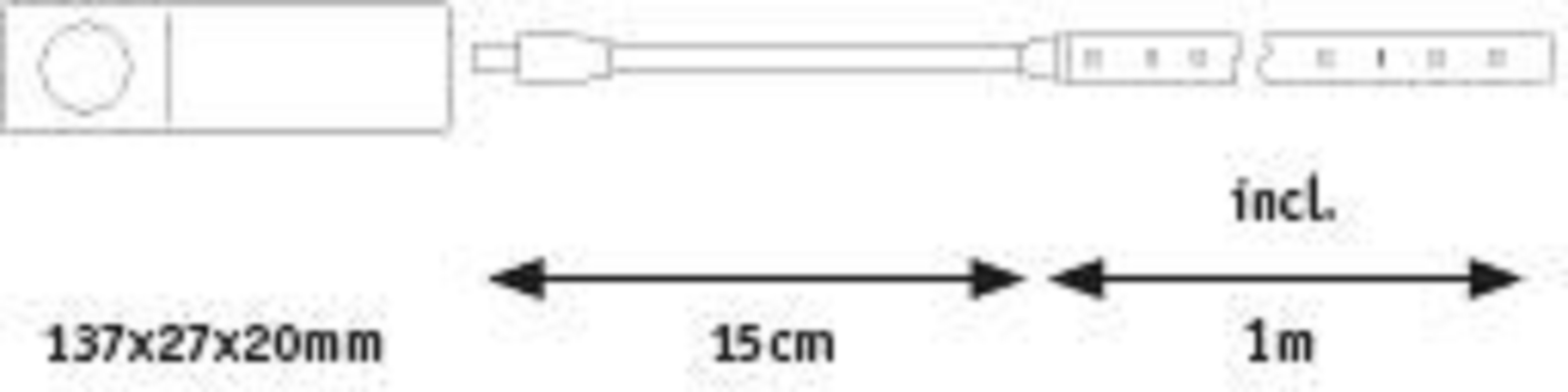 Schema dei componenti elettrici. Schema dei componenti con dimensioni, tra cui un trasformatore e una striscia luminosa.