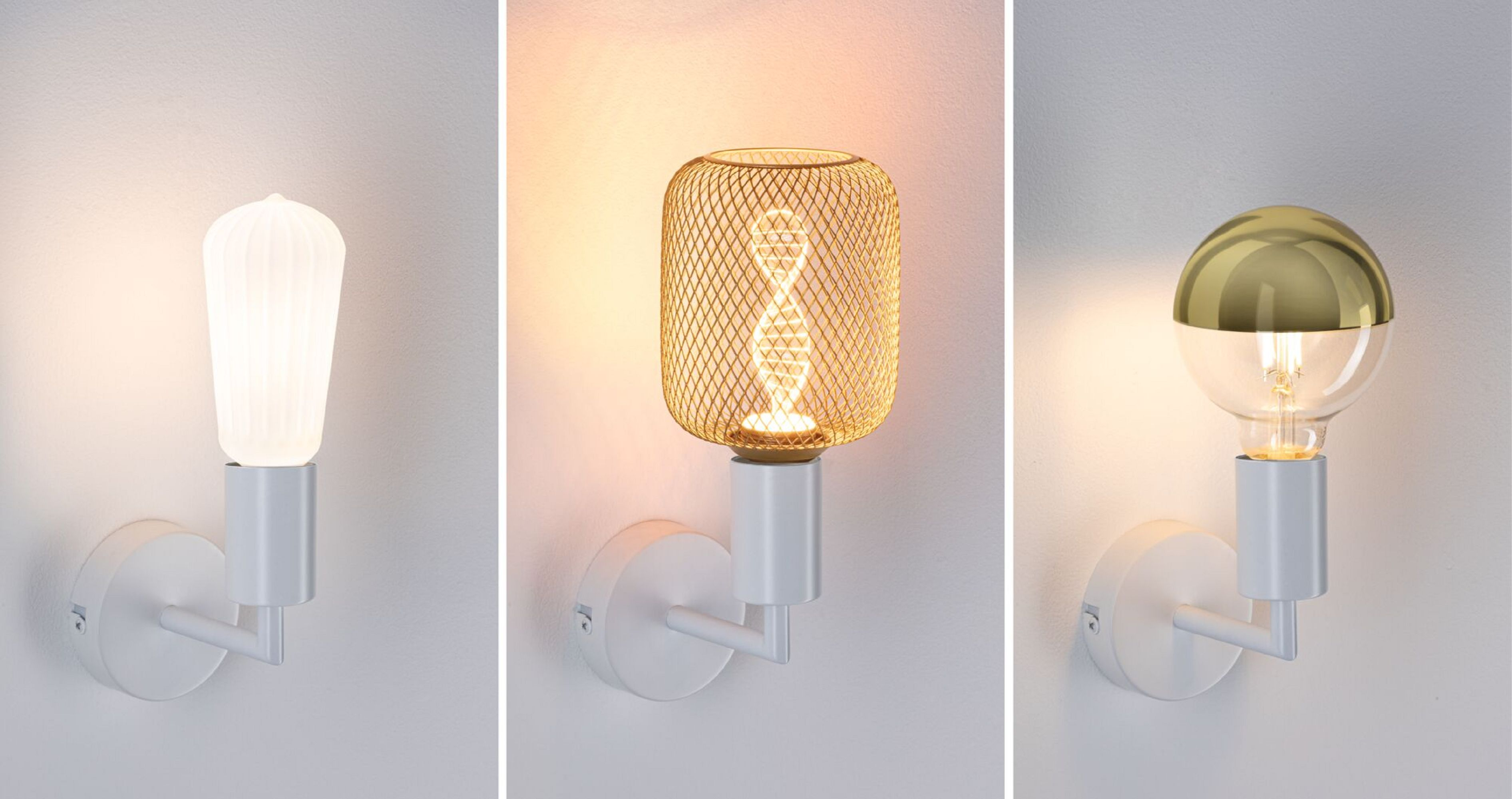 Trzy różne rodzaje żarówek z białym tłem ściany. Każda ma białą podstawę.