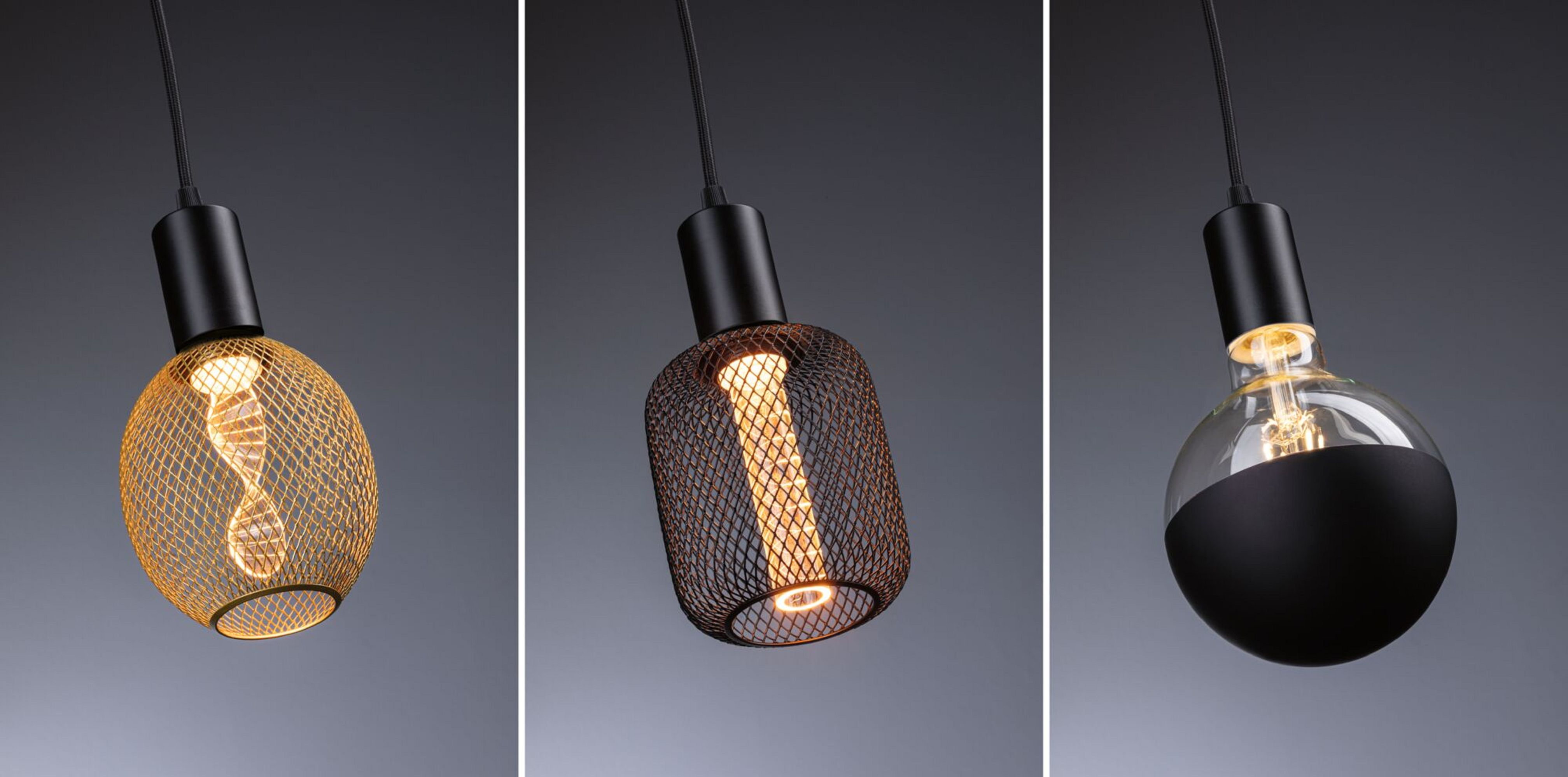 Trzy lampy wiszące z różnymi wzorami żarówek, na szarym tle.