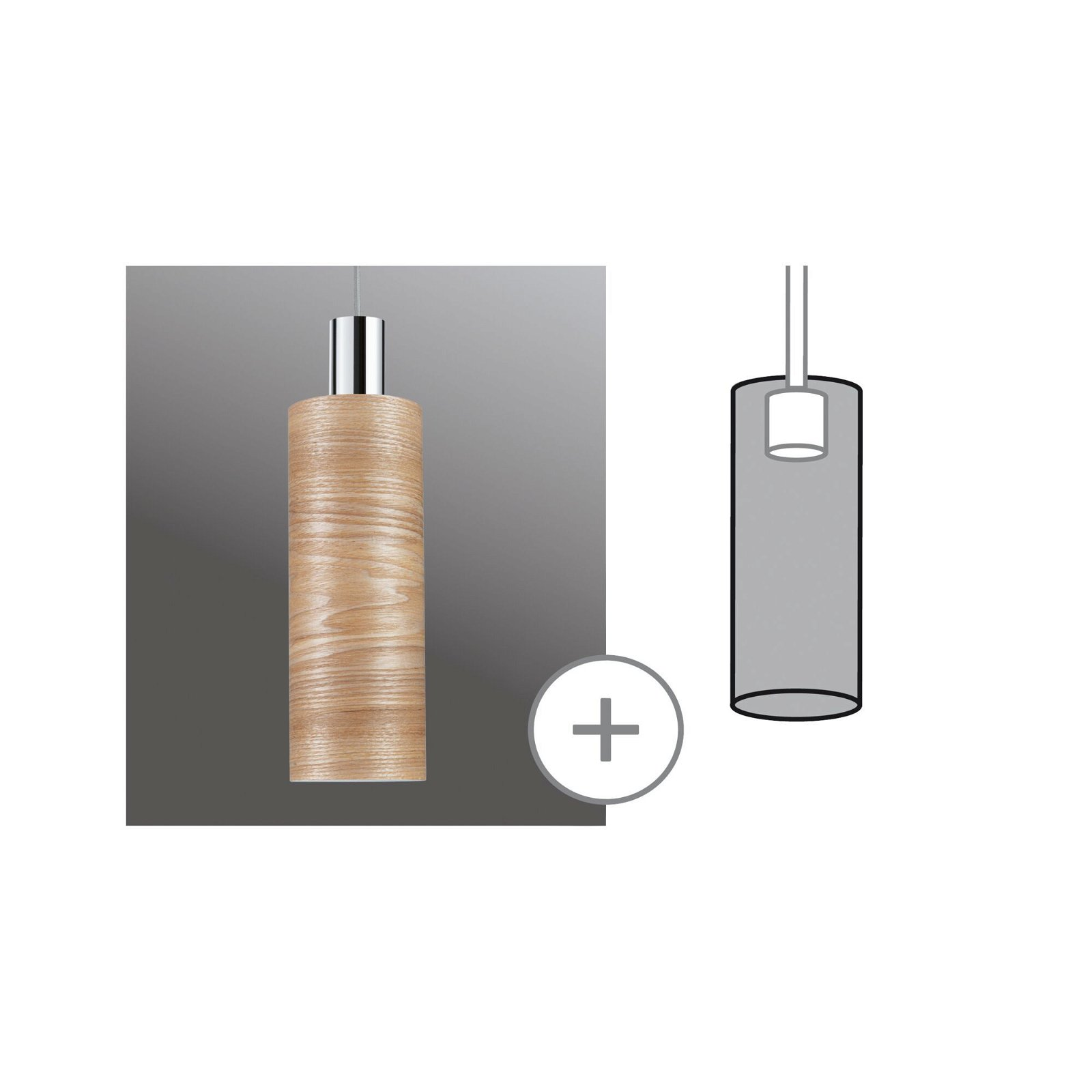 Pendelleuchte. Holzylinder mit Chromdeckel. Diagramm der Leuchte rechts.