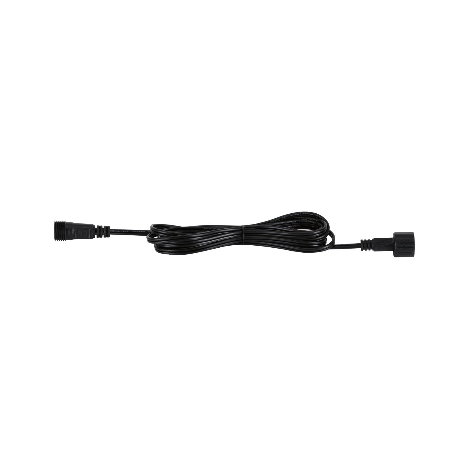Schwarzes Netzkabel mit zwei Steckern auf weißem Hintergrund.