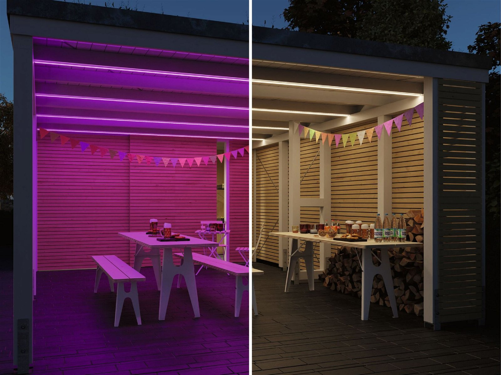Zwei Bilder einer Terrasse mit lila und weißen Lichtern, Tischen und Menschen.