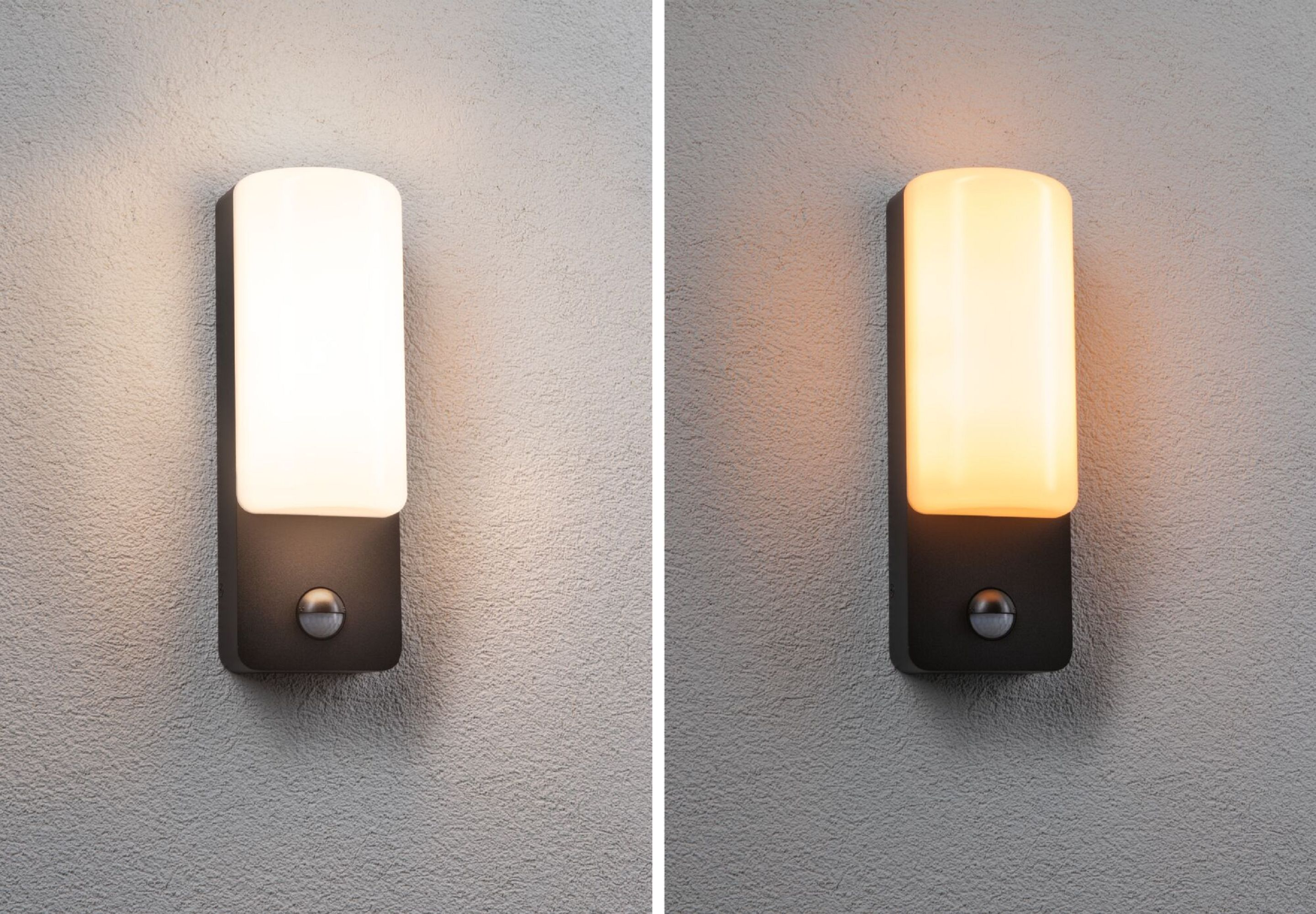 Dwa obrazy: prostokątne światło na ścianie z białym i pomarańczowym blaskiem.