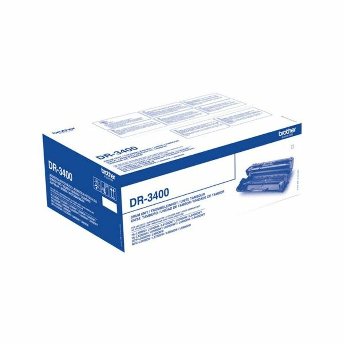 Eine weiße Schachtel mit blau aufgedrucktem 'DR-3400'. Ein Brother-Logo ist vorhanden.