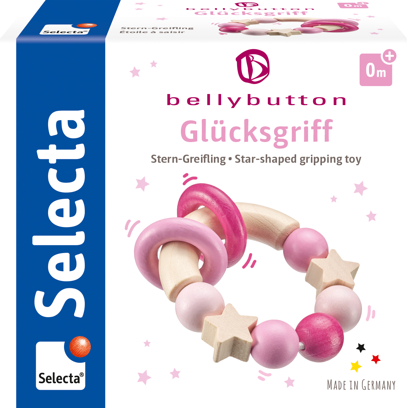Verpacktes Babyspielzeug. Es zeigt einen Holzring mit rosa und Holzperlen.