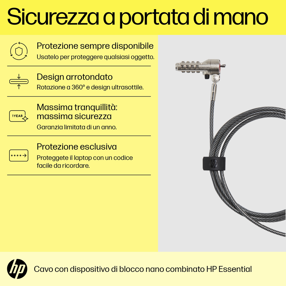 Un candado de cable HP con cerradura de combinación para seguridad.