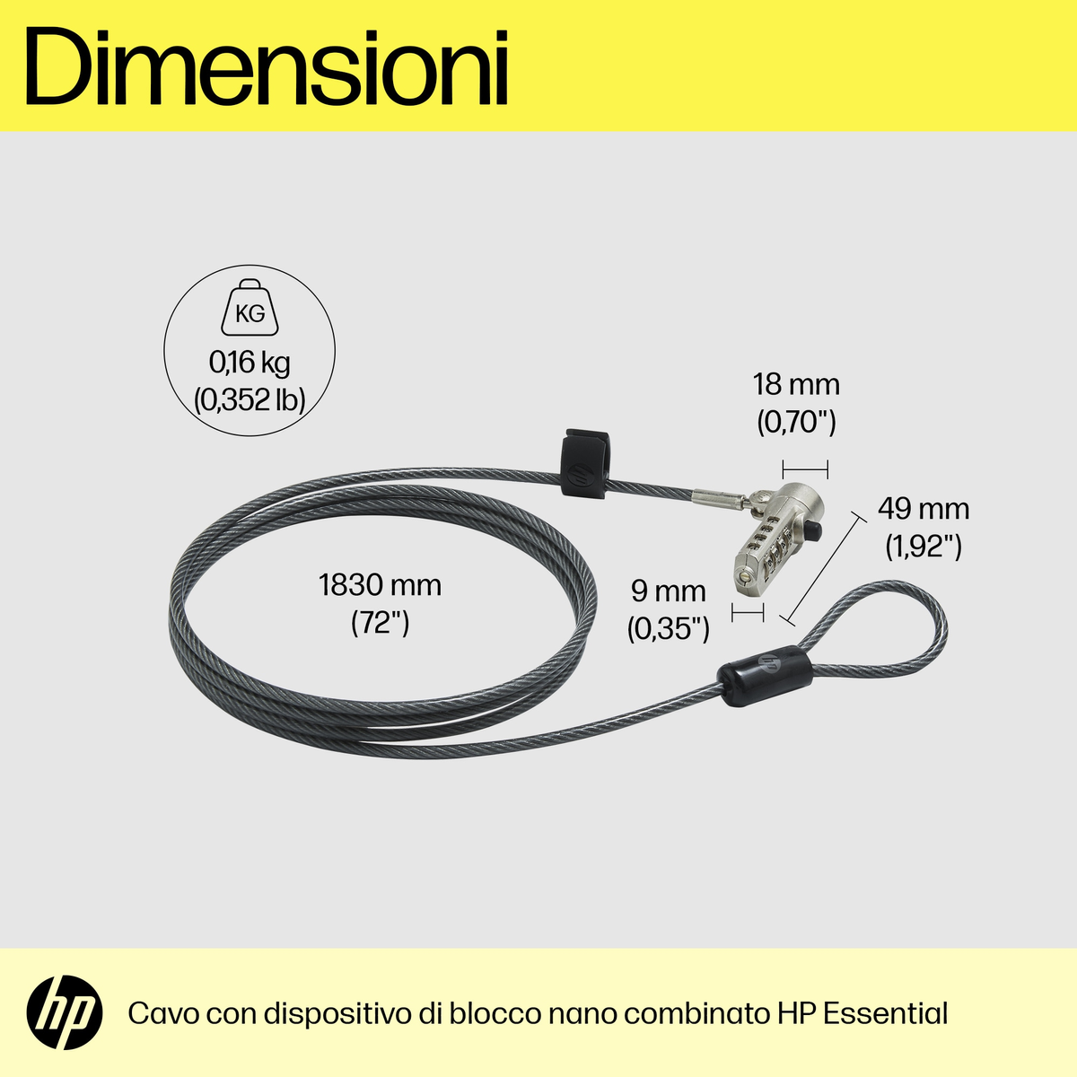 Dimensiones del candado de cable HP: longitud del cable, tamaño del candado y peso.