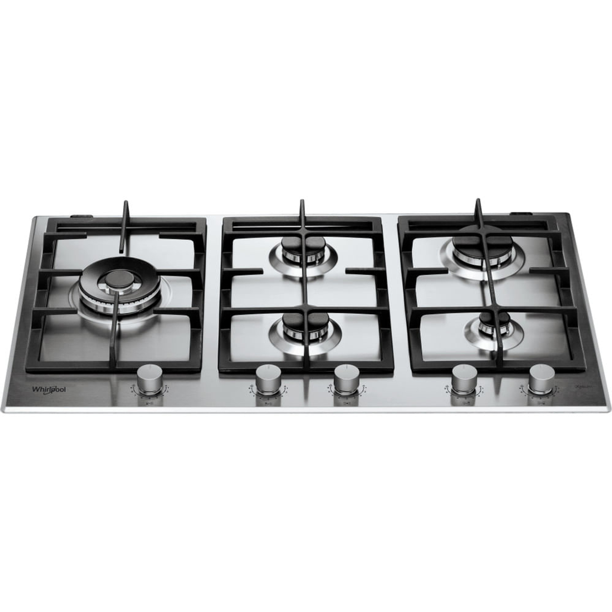 Płyta gazowa ze stali nierdzewnej z czterema palnikami i pokrętłami sterowania.