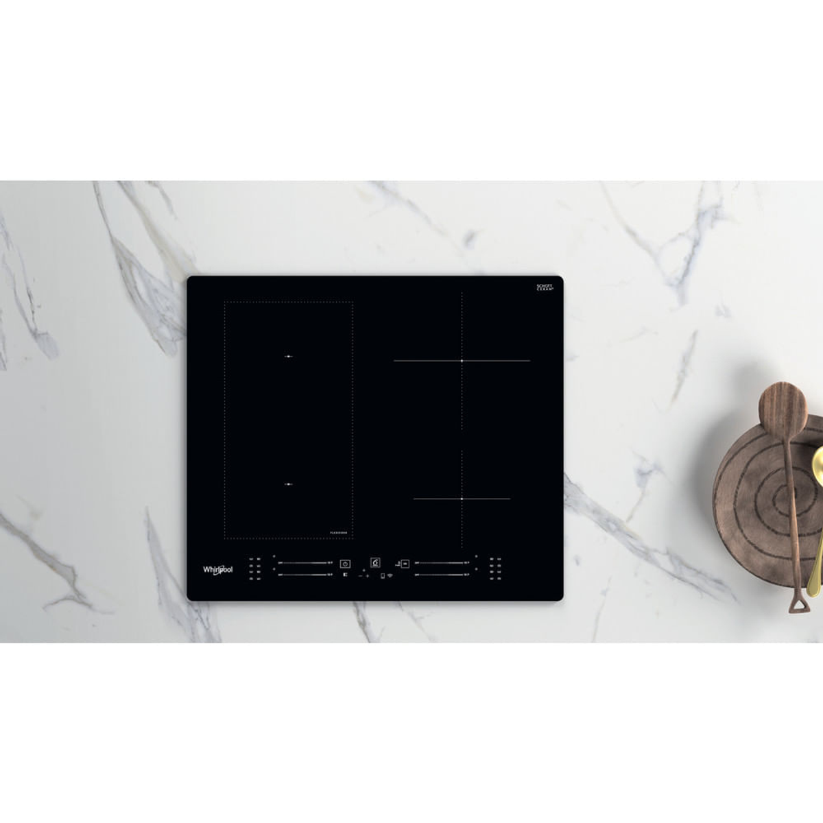 Piano cottura a induzione nero con due zone cottura e comandi touch su marmo.