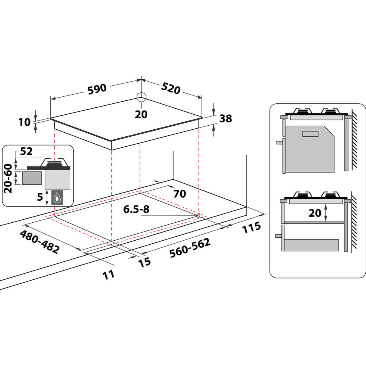 Schema di un piano cottura a induzione con dimensioni e dettagli.