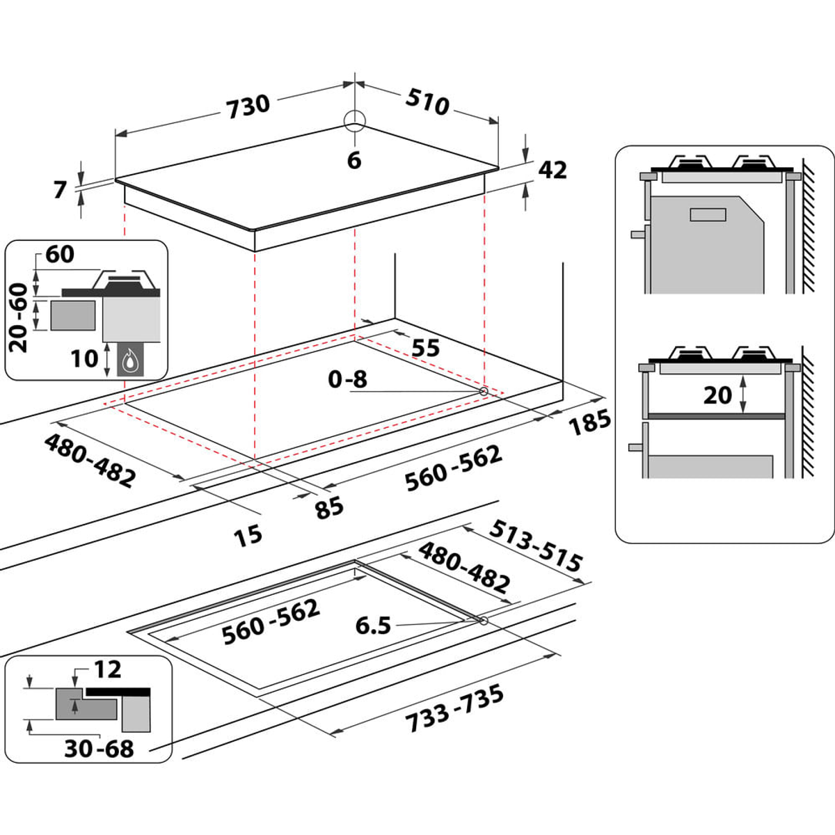 Diagramma di un piano cottura con dimensioni. Sono fornite più viste e misure per l'installazione.