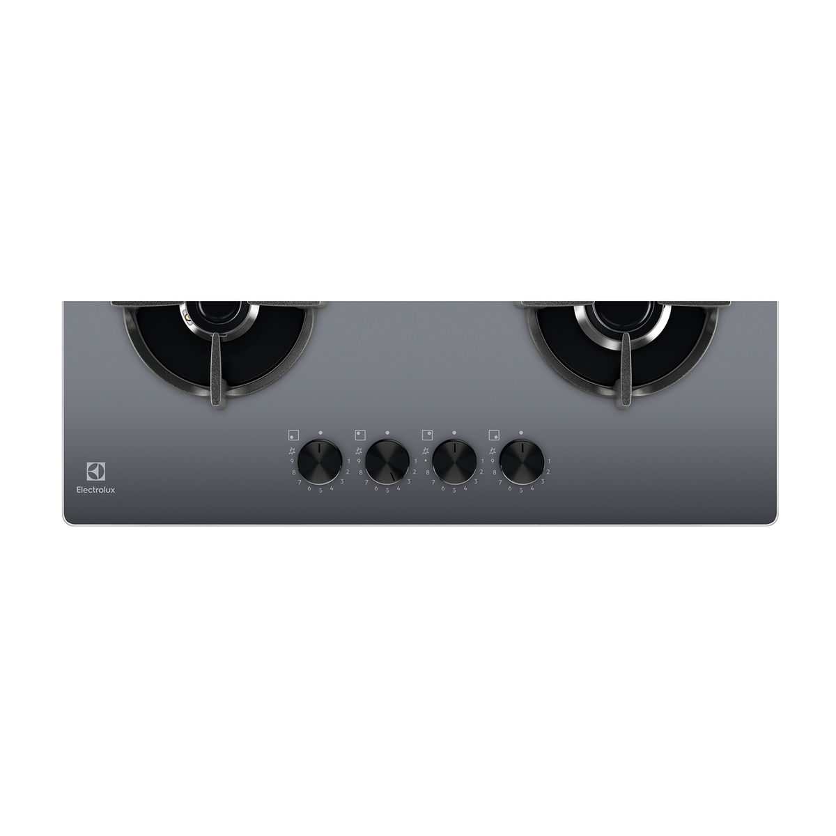 Czarna płyta gazowa z czterema palnikami i pokrętłami. Szara powierzchnia z marką Electrolux.