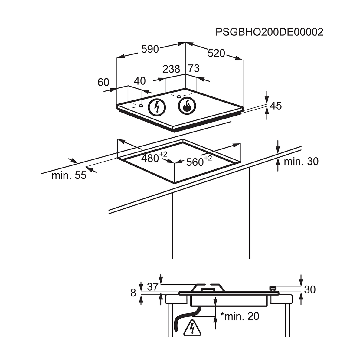 Schemat płyty grzejnej z wymiarami i symbolami elektrycznymi.