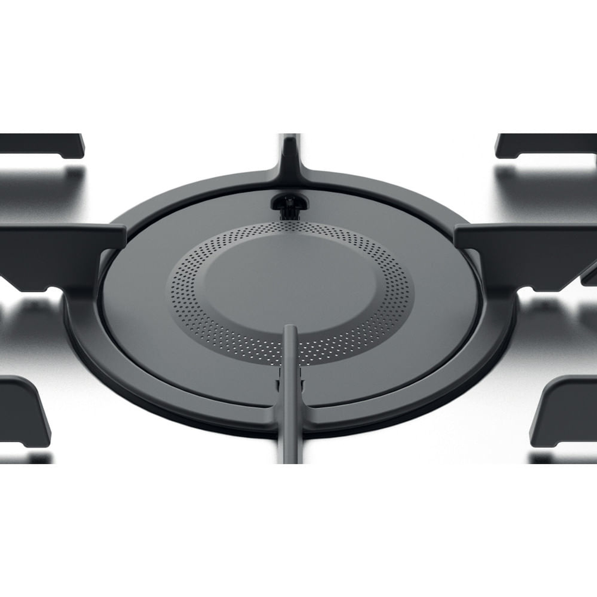 Zbliżenie palnika gazowego na kuchence z ciemnoszarą nasadką palnika i metalową powierzchnią.