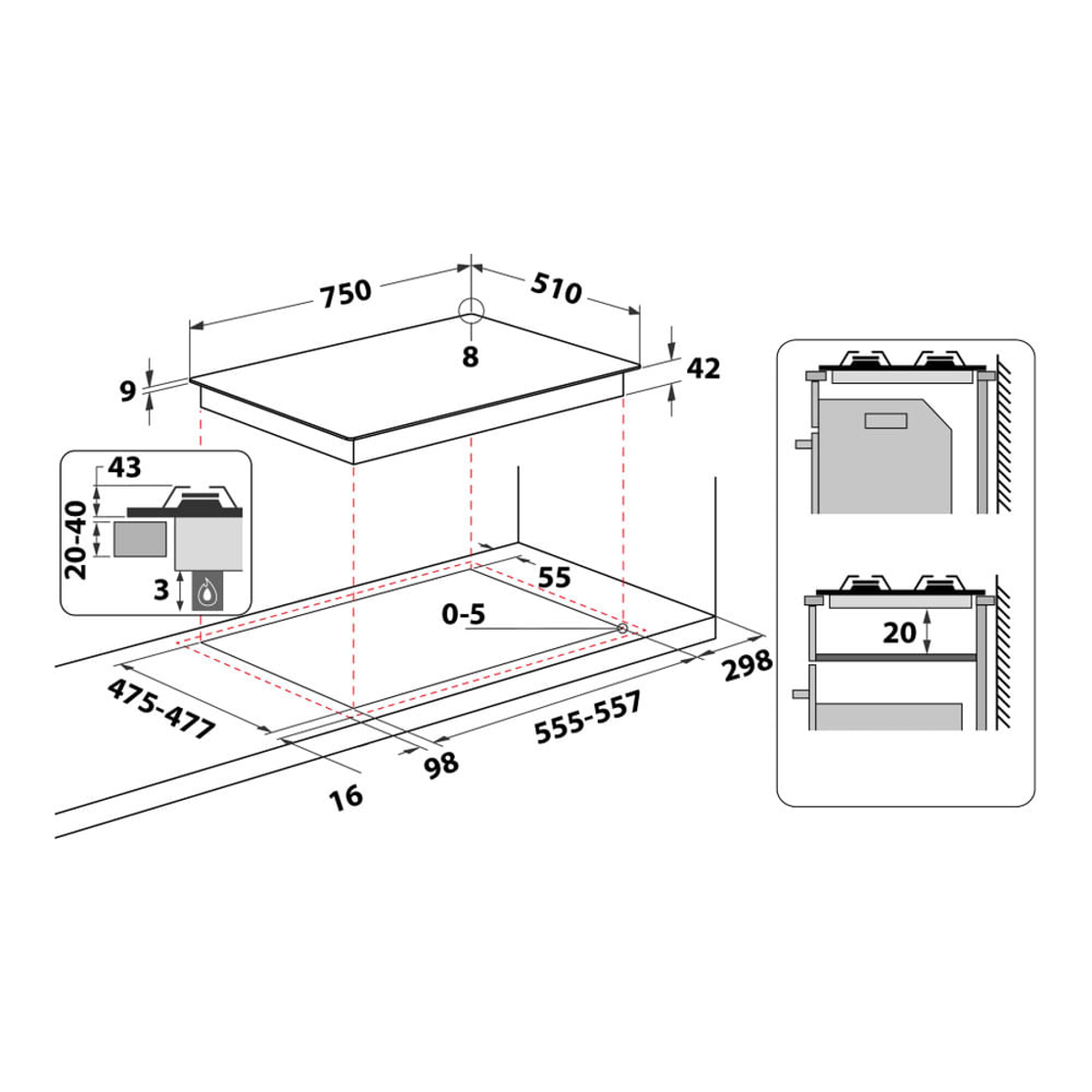 Gasherd mm (750 5 869991002620 Kochfelder) breit, HOTPOINT