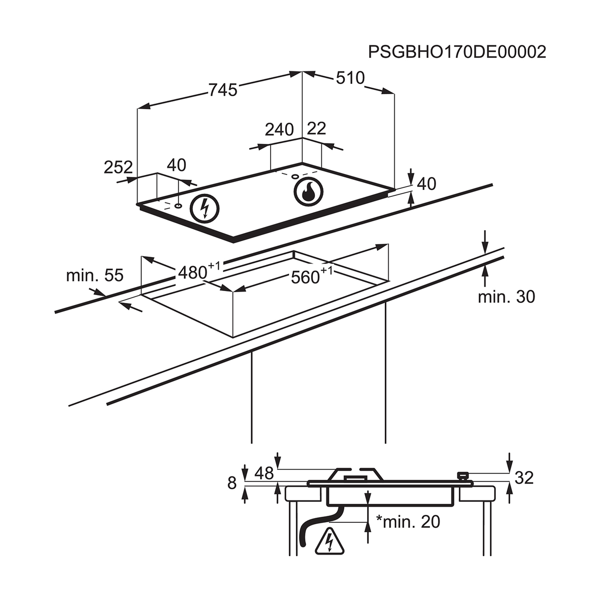 Disegno tecnico di un piano cottura nero con dimensioni e simboli elettrici.